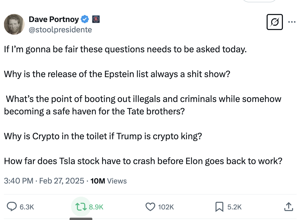Dave Portnoy X post on the Tates