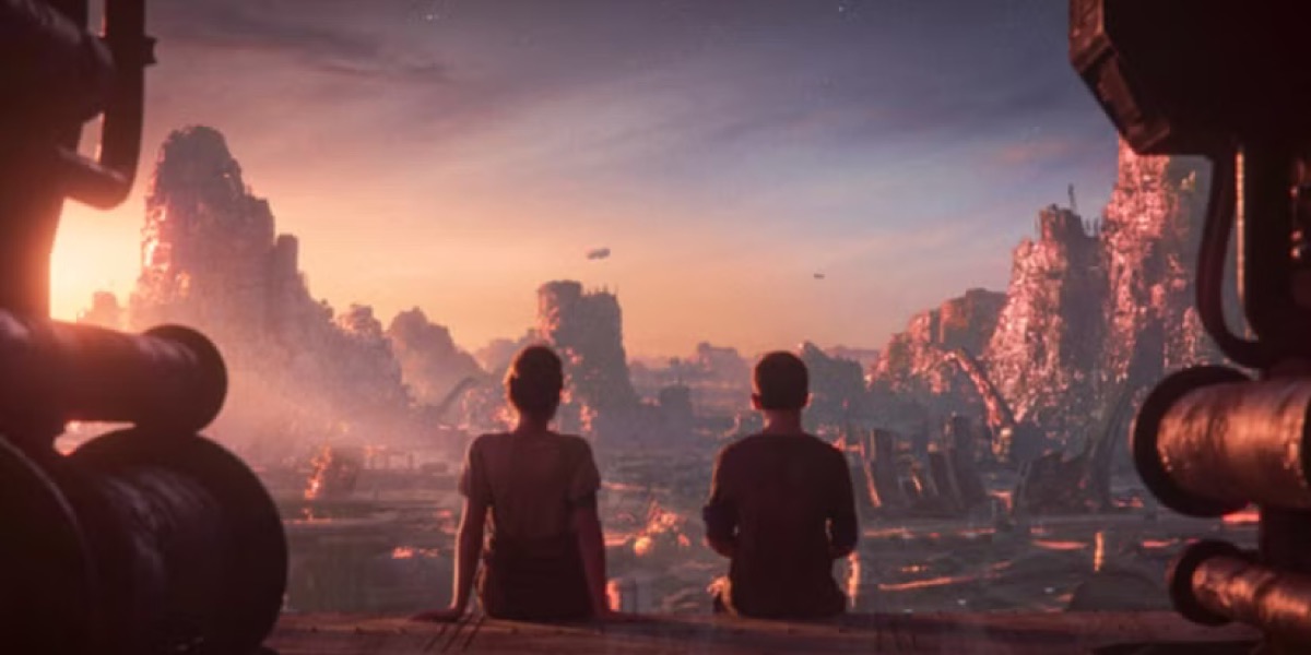 Two kids stare out at the sunset on a space age world in "The Outer Worlds - The Company We Keep"