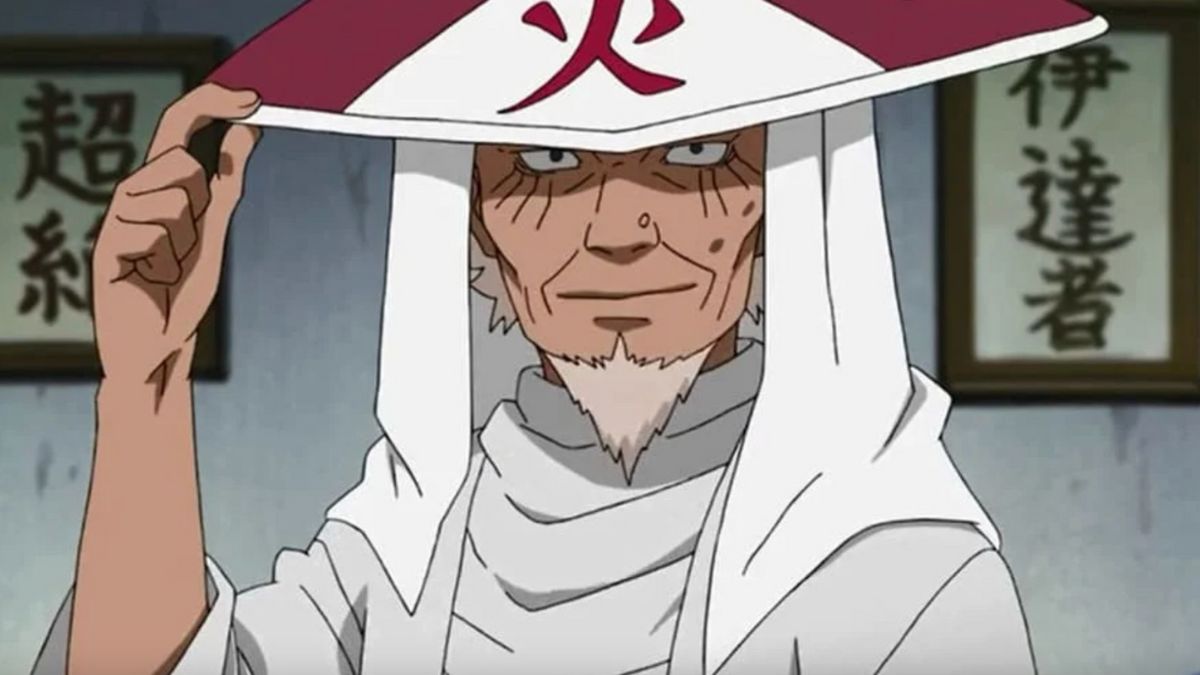 The Third Hokage smiles while tipping his hat in Naruto