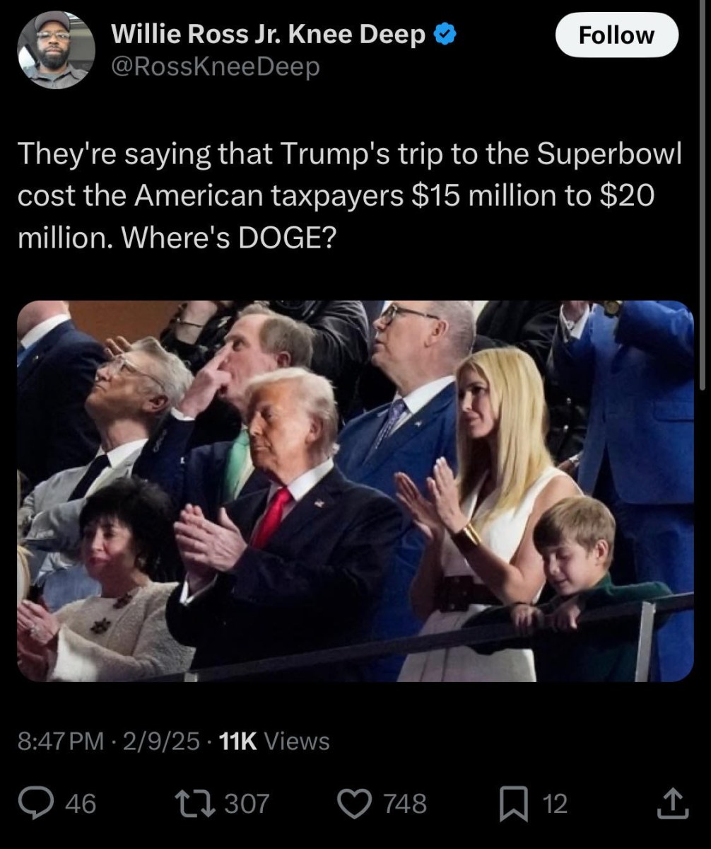 Willie Rose Jr Knee Deep's X post about Donald Trump's Super Bowl trip