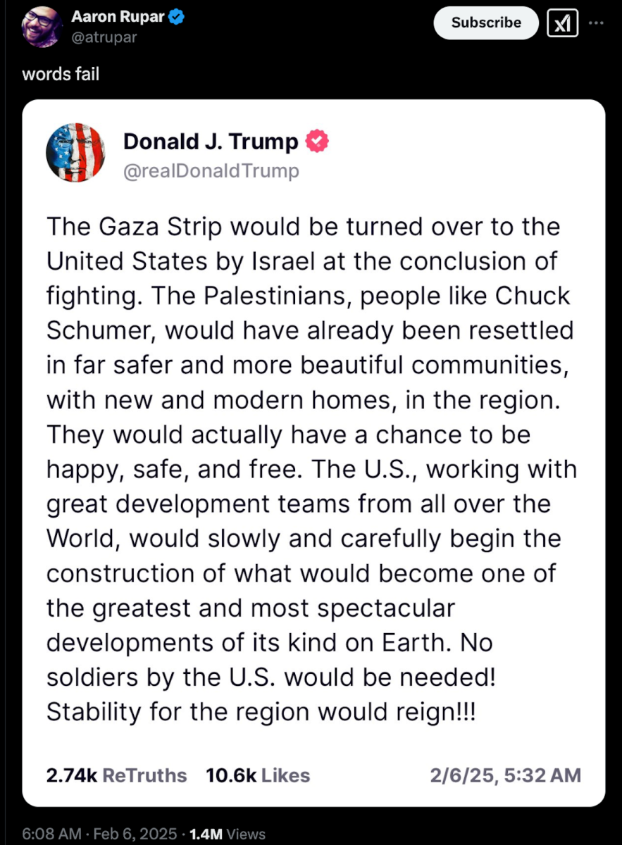 Screenshot of a Truth Social post Donald Trump's shared about the Gaza Strip, reposted by another X user
