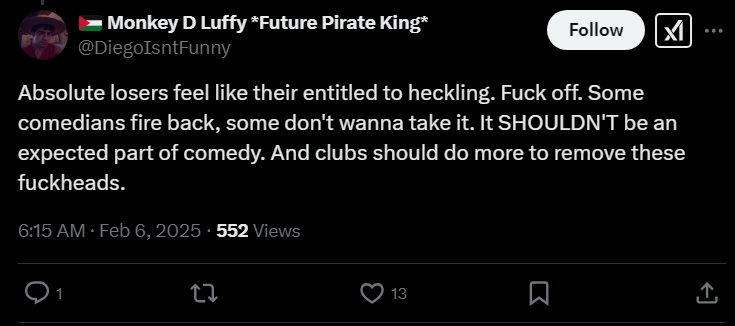 A tweet praising Cuomo for yelling at a heckler at her comedy show