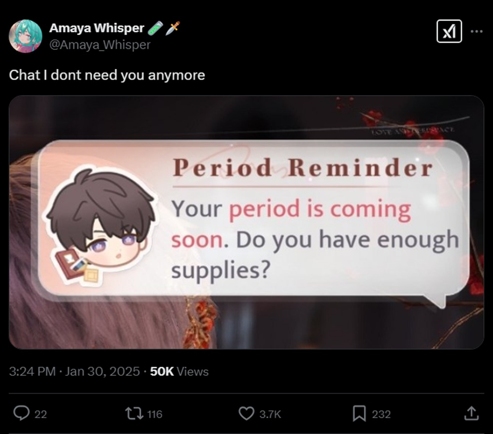 A tweet featuring the a period reminder from Love and Deepspace