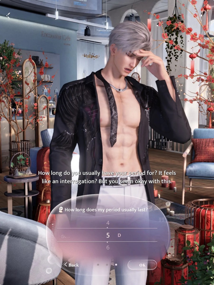 A screenshot of the set-up process for a period tracker on the game 'Love and Deepspace'