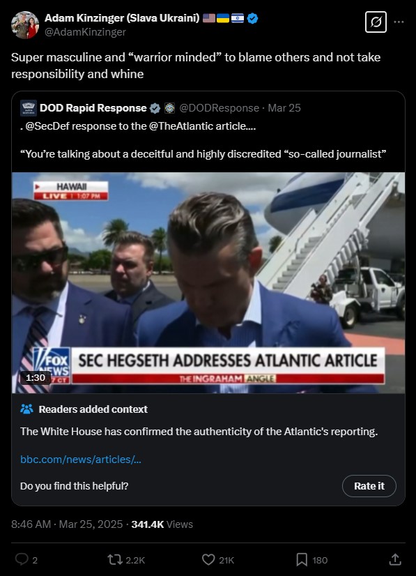 Adam Kinzinger mocks Pete Hegseth on X for refusing to take accountability over Yemen leaks