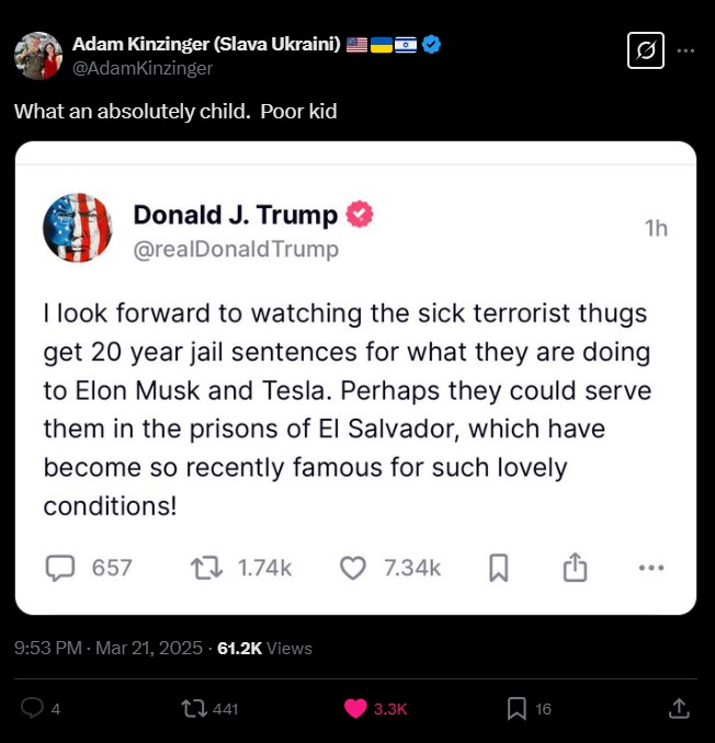 Adam Kinzinger pities Trump for defending Tesla