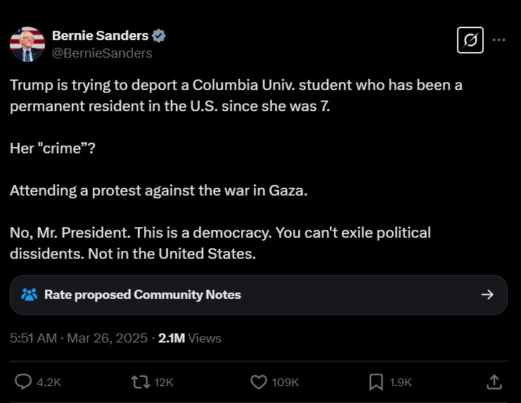 Bernie Sanders criticizes Trump administration for attempting to deport student activists