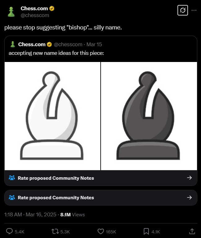 Chess.com post about the bishop piece goes viral