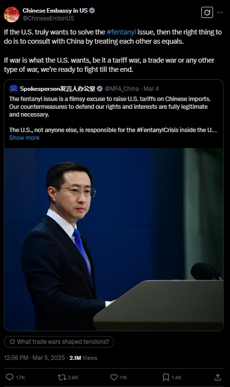 Chinese Embassy to the United States threatens war with the US after Trump tariffs