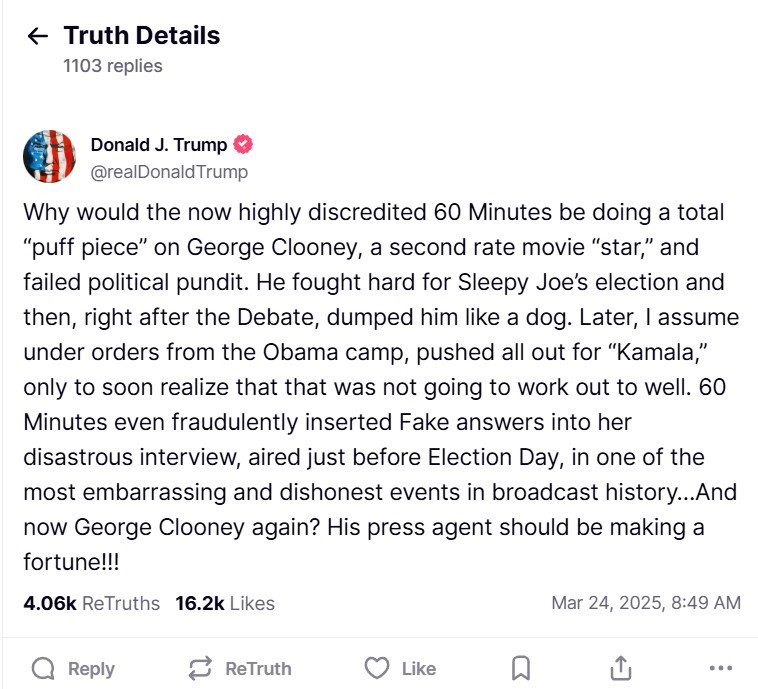 Donald Trump rants about George Clooney for Goodnight, and Good Luck