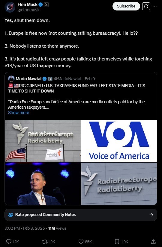 Elon Musk calls for Voice of America shutdown