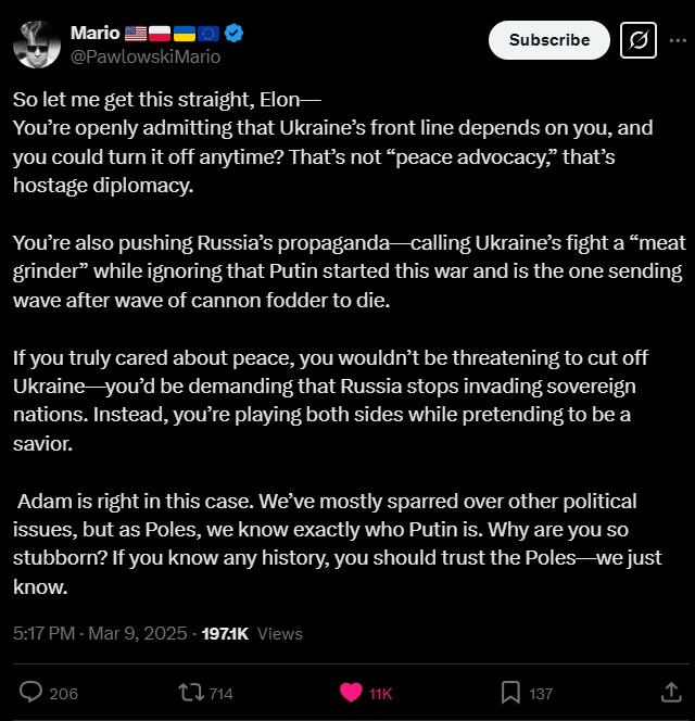 Elon Musk criticized for anti-Ukraine sentiment