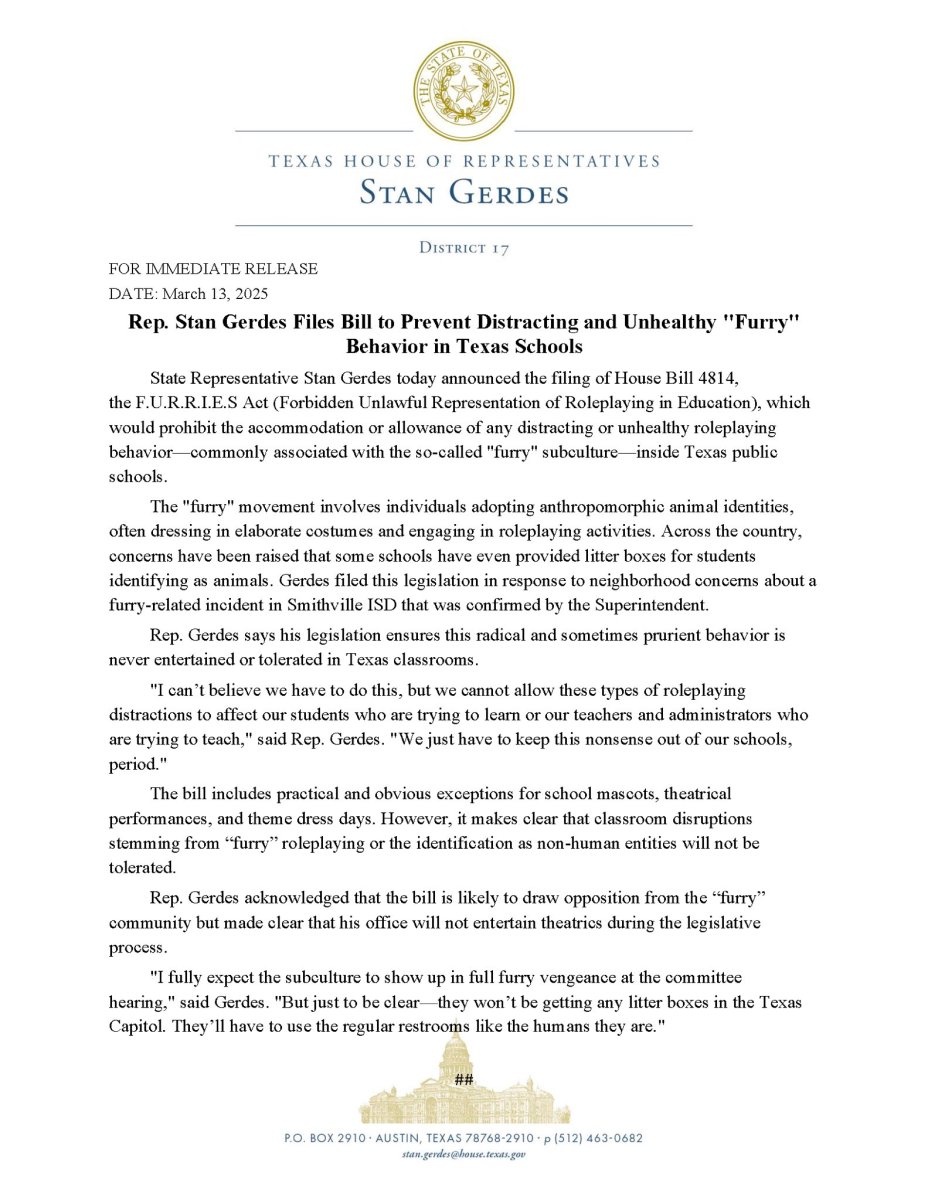 FURRIES Act Statement from Stan Gerdes