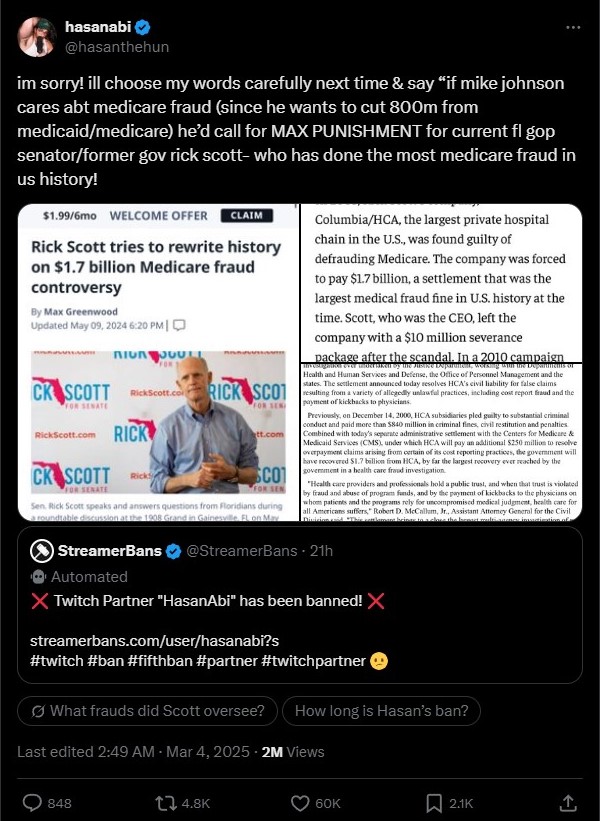 Hasan Piker defends himself on Rick Scott comment