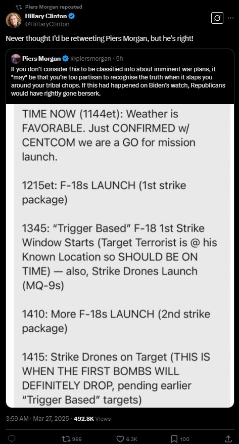 Hillary Clinton and Piers Morgan agree on Trump administration security breach