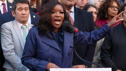 Jasmine Crockett speaks at the We Choose To Fight: Nobody Elected Elon protest