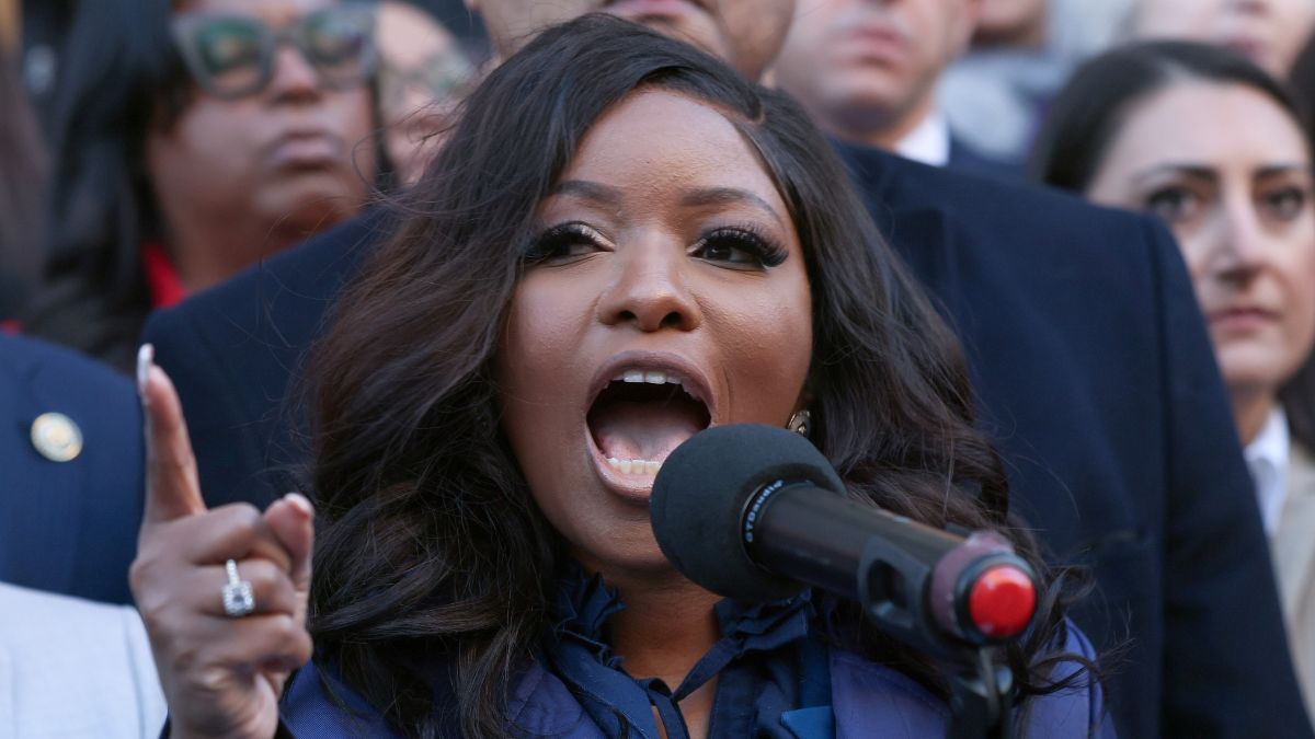 WASHINGTON, DC - FEBRUARY 04: U.S. Rep. Jasmine Crockett (D-TX) speaks during the We Choose To Fight: Nobody Elected Elon rally at the U.S. Department Of The Treasury on February 04, 2025 in Washington, DC. (Photo by Jemal Countess/Getty Images for MoveOn)