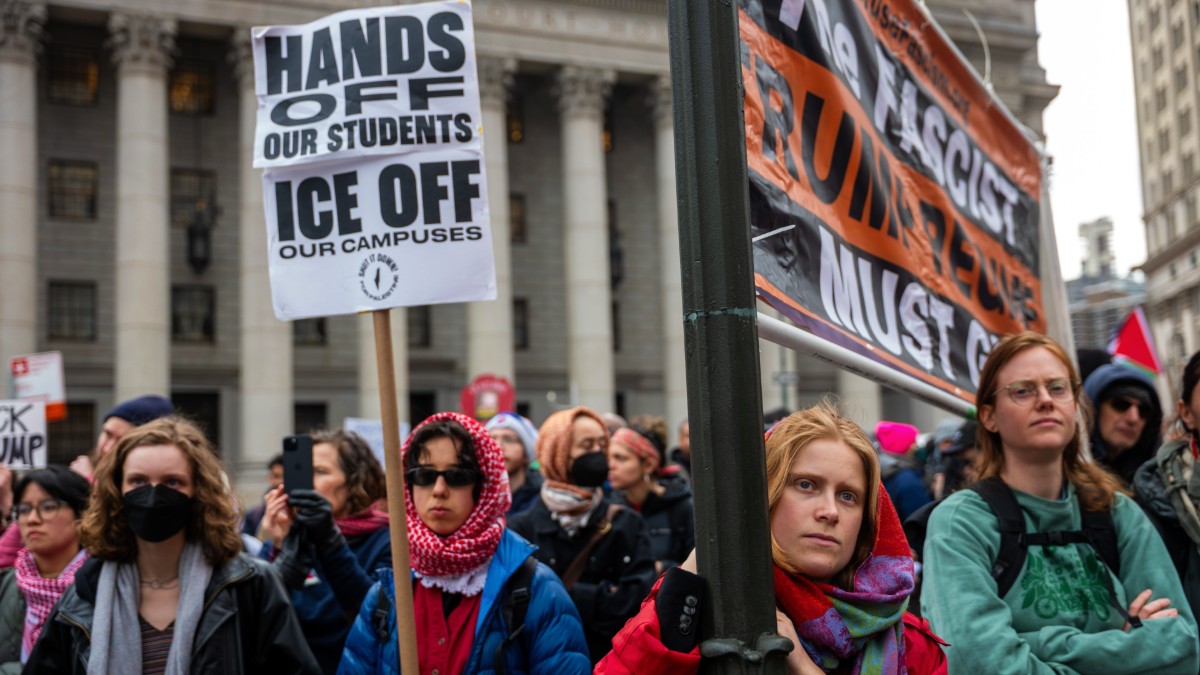 Protestors gather outside New York court during Mahmoud Khalil conference