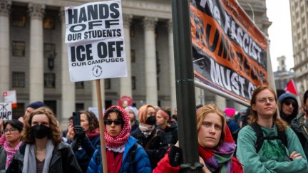 Protestors gather outside New York court during Mahmoud Khalil conference