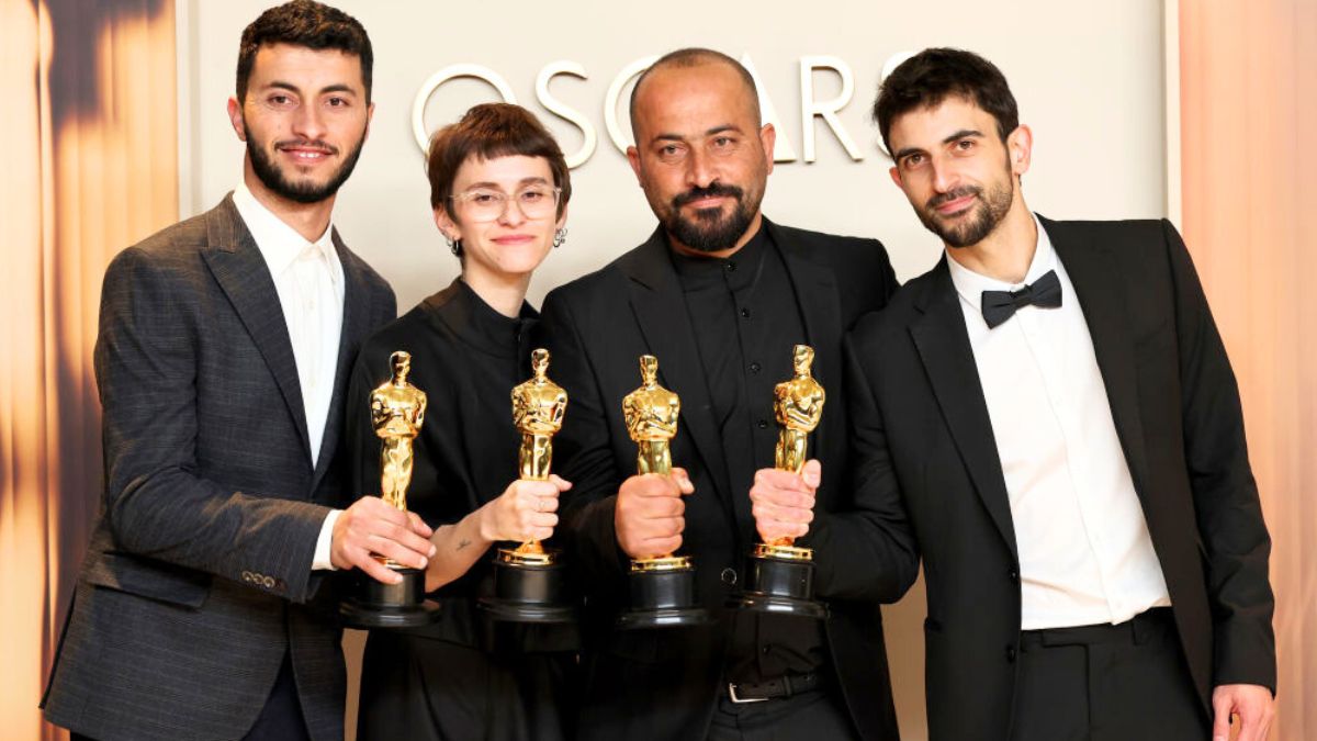 HOLLYWOOD, CALIFORNIA - MARCH 02: (L-R) Basel Adra, Rachel Szor, Hamdan Ballal, Yuval Abraham, winners of the Best Documentary Feature Film for “No Other Land”, pose in the press room during the 97th Annual Oscars at Ovation Hollywood on March 02, 2025 in Hollywood, California. (Photo by Mike Coppola/Getty Images)