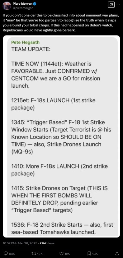 Piers Morgan criticizes the Trump administration for leaking war plans on Yemeni Houthis