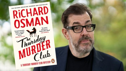 CHELTENHAM, ENGLAND - OCTOBER 7: Richard Osman, best selling author and television personality, attends the 2023 Cheltenham Literature Festival on October 7, 2023 in Cheltenham, England. Included is an image of the cover of 