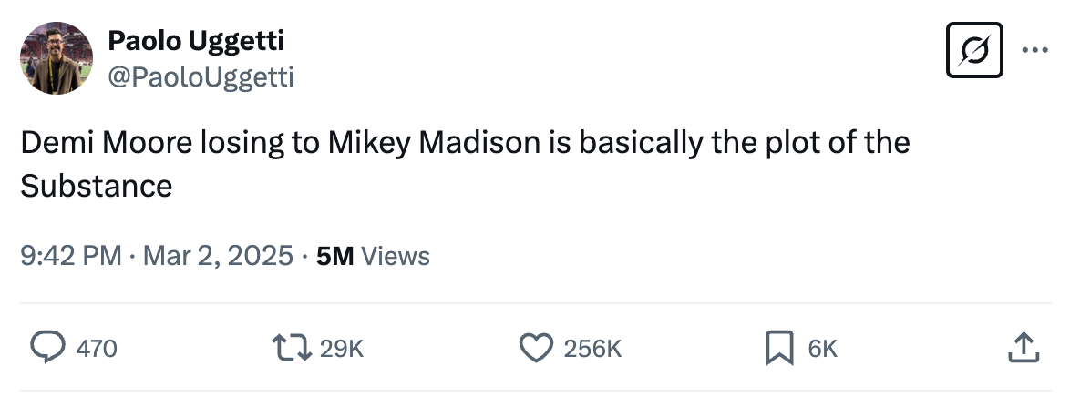 Screenshot of X post about Demi Moore's Oscars loss