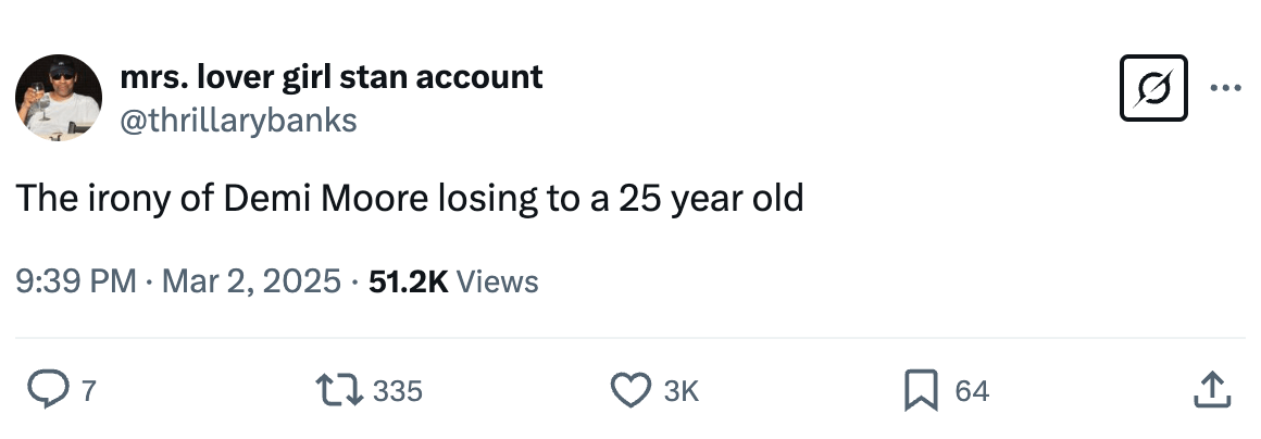 Screenshot of X post about Demi Moore's Oscars loss