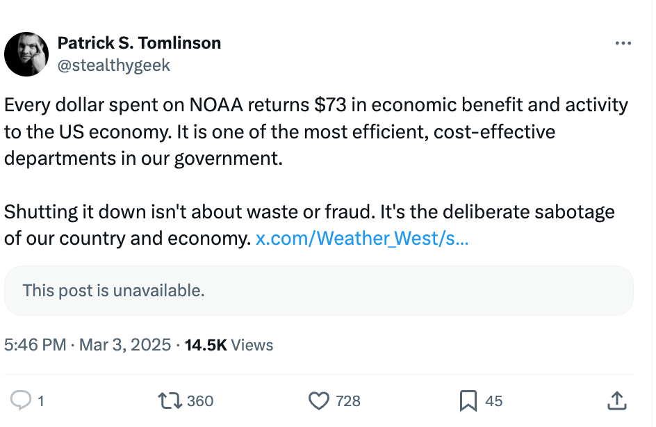 Patrick S. Tomlinson post about NOAA cuts