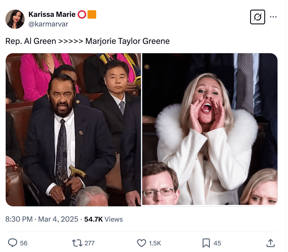 X post comparing Marjorie Taylor Greene and Lauren Boebert to Al Green