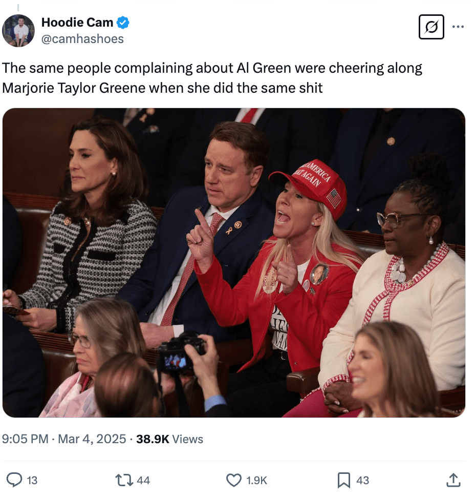 X post comparing Marjorie Taylor Greene and Lauren Boebert to Al Green