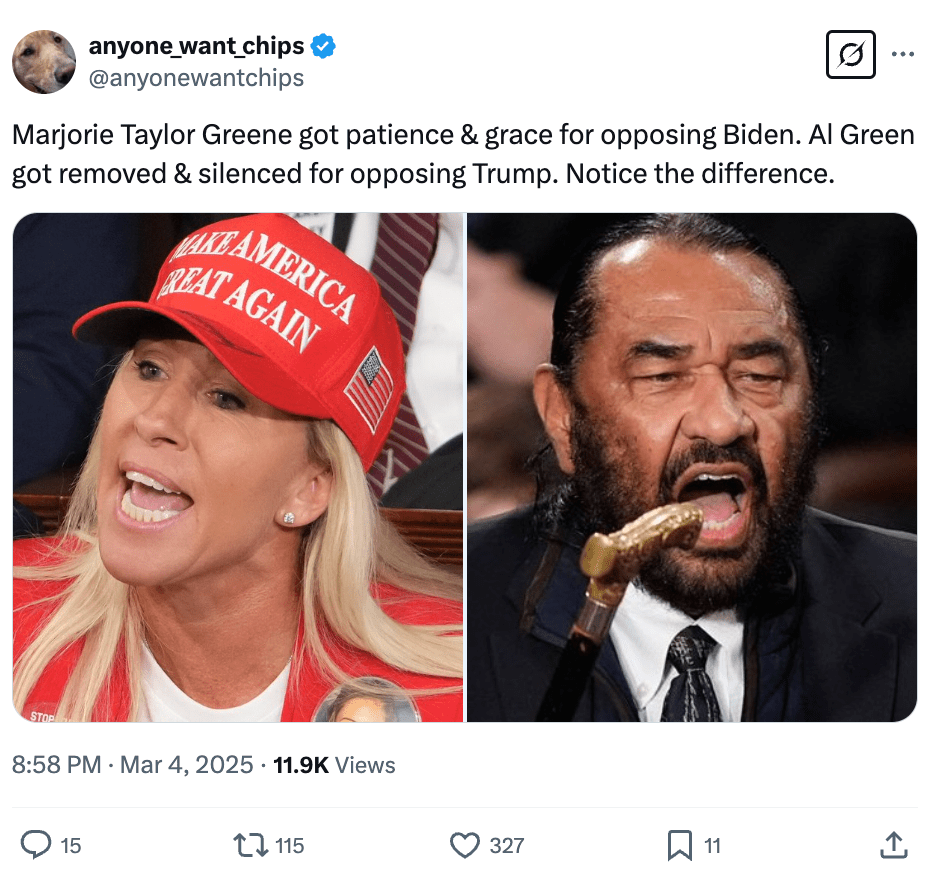 X post comparing Marjorie Taylor Greene and Lauren Boebert to Al Green
