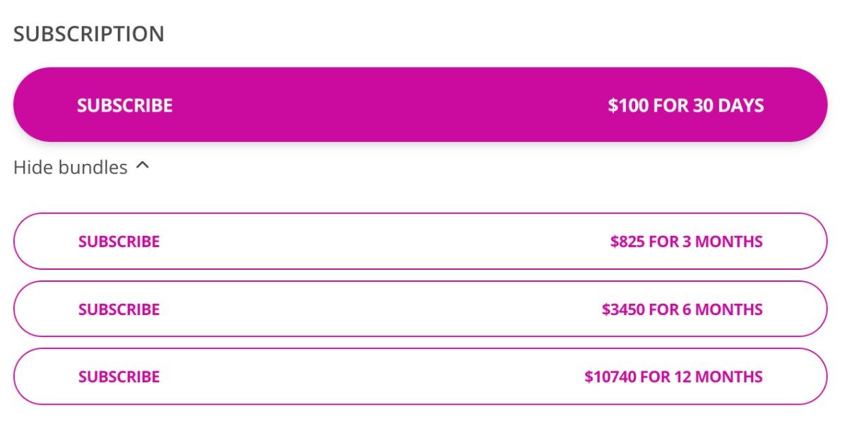 Screenshot of subscription tiers on parent-run minor account on SuperFanVerse