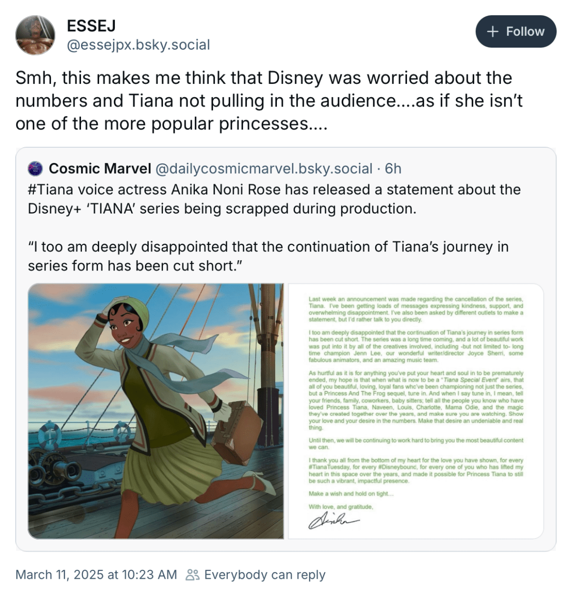 Bluesky post about Tiana
