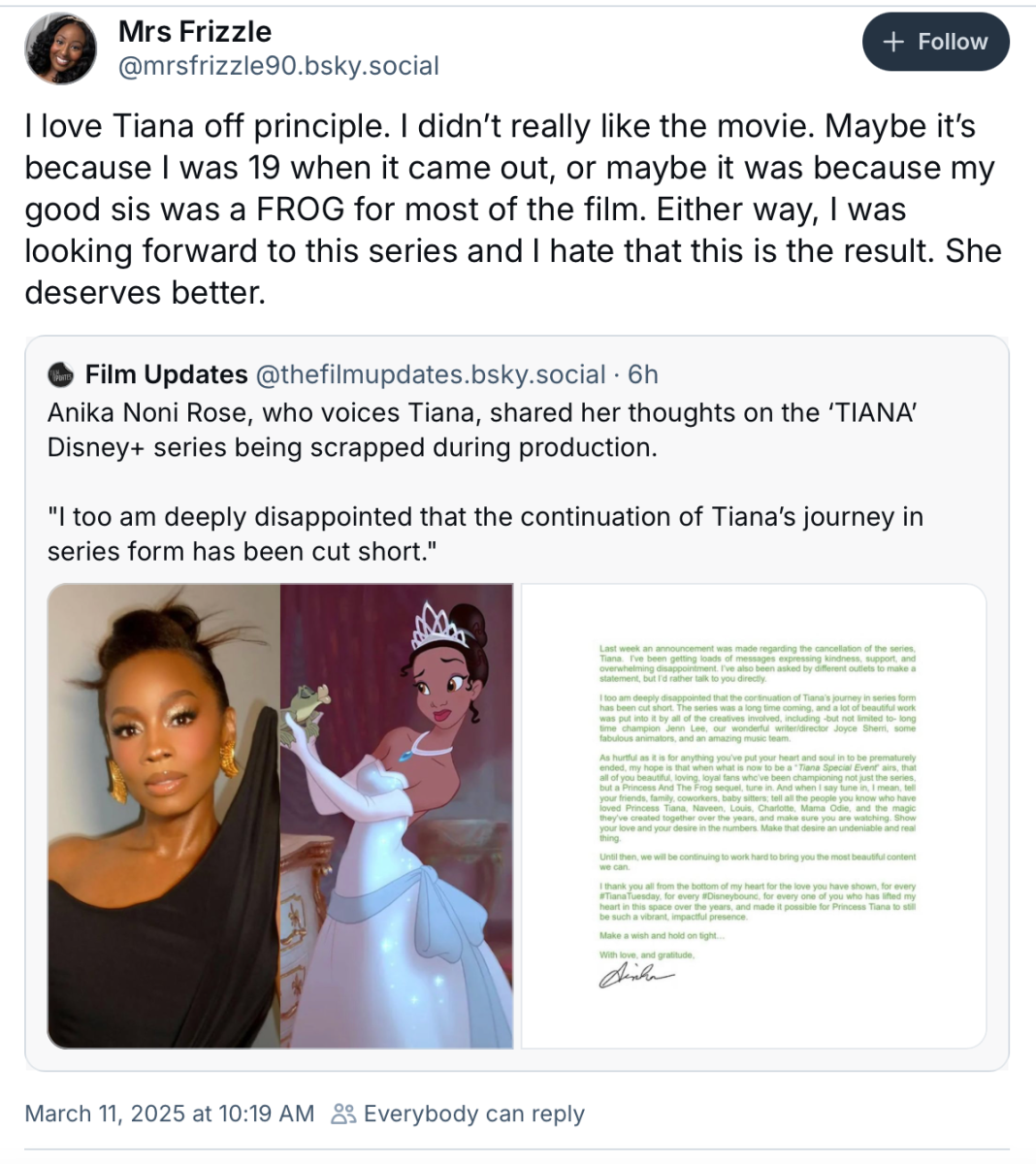 Bluesky post about Tiana