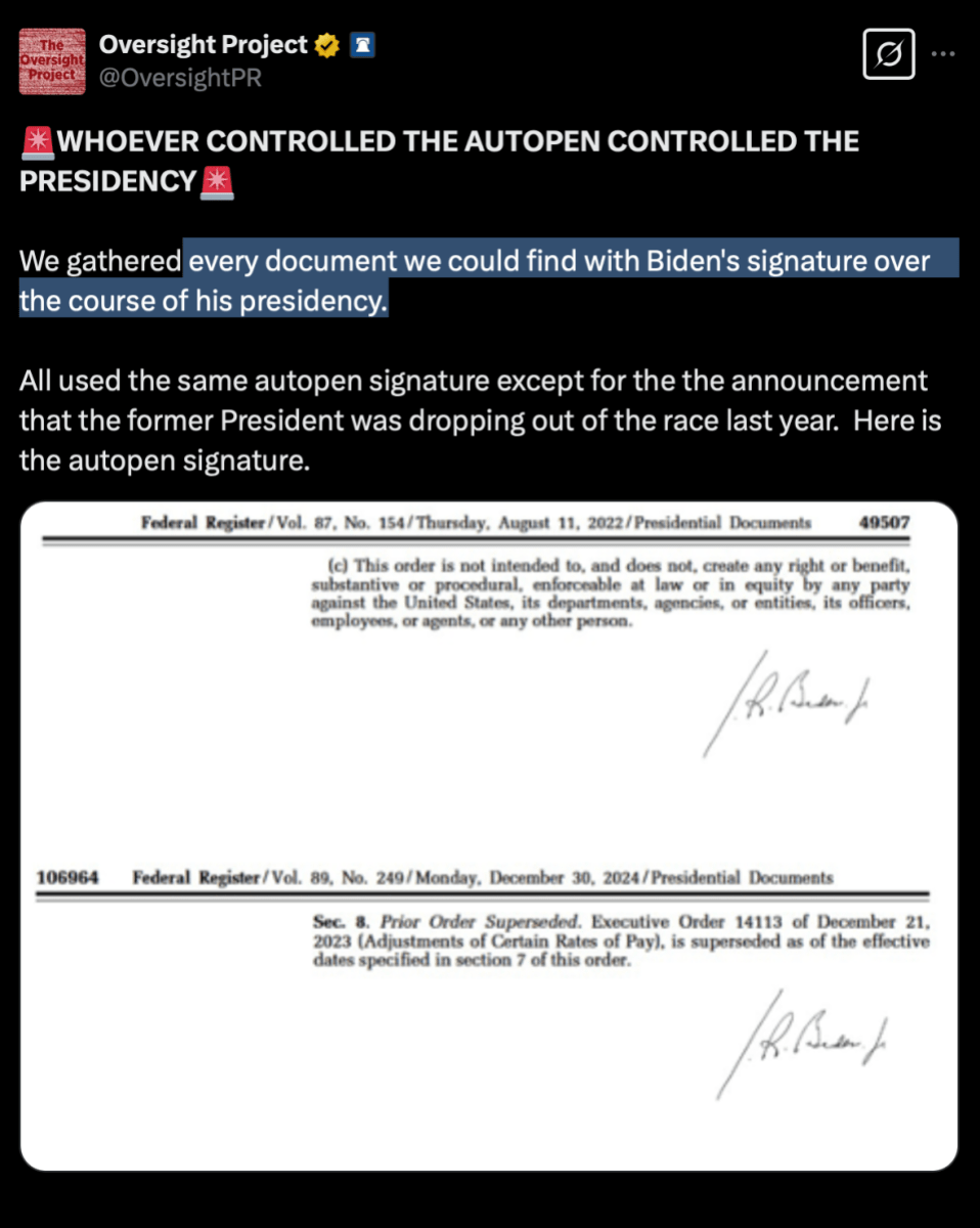 The Oversight Project post on X about Biden and the autopen