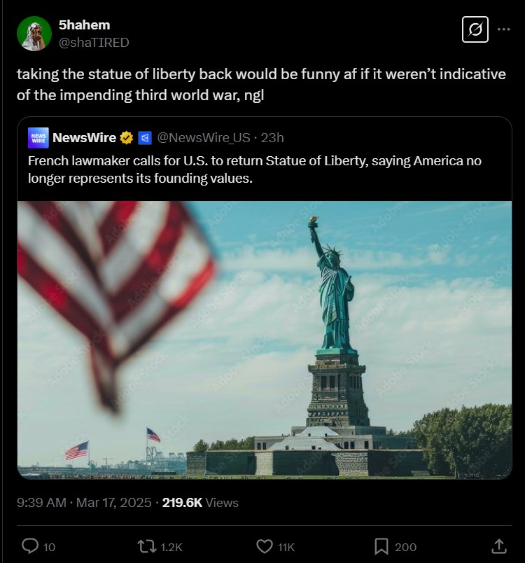 Social media users fear world war three over Statue of Liberty comments
