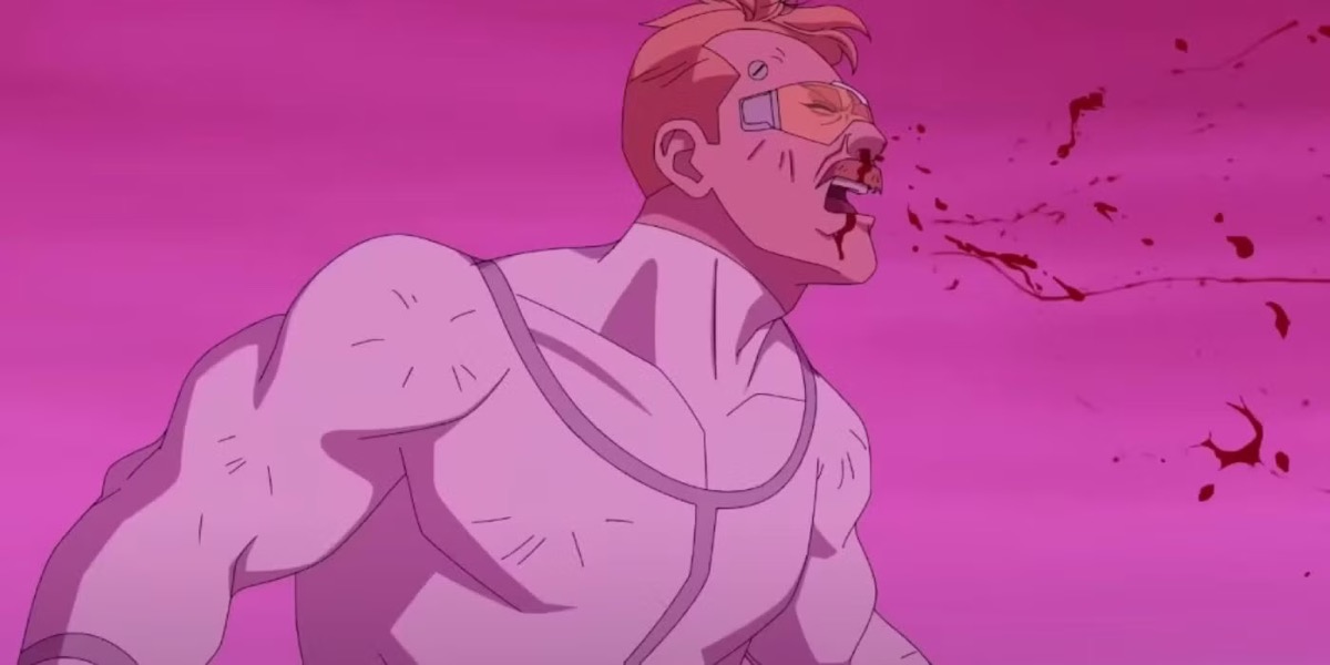 A brawny superman takes a hit with blood flying from his face in "Invincible"