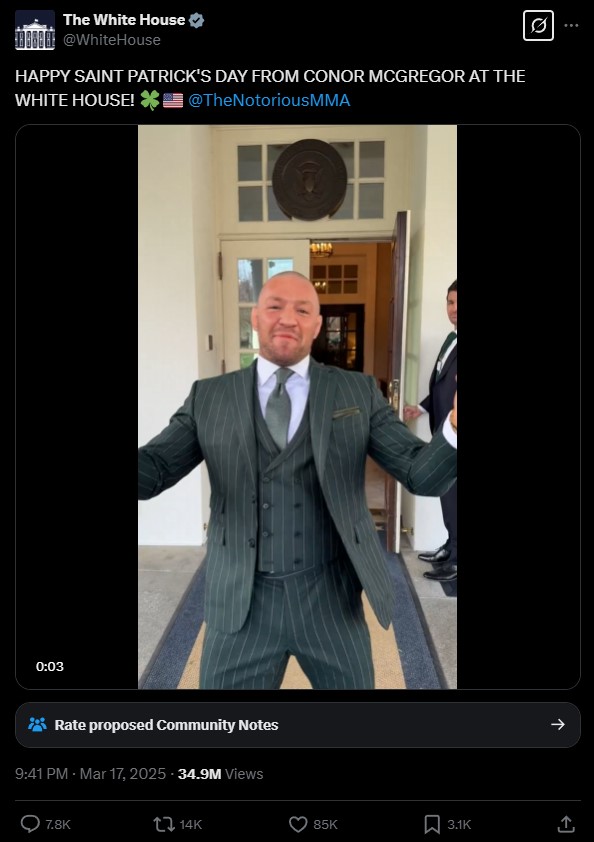White House releases a controversial Conor McGregor greeting for St. Patrick's Day