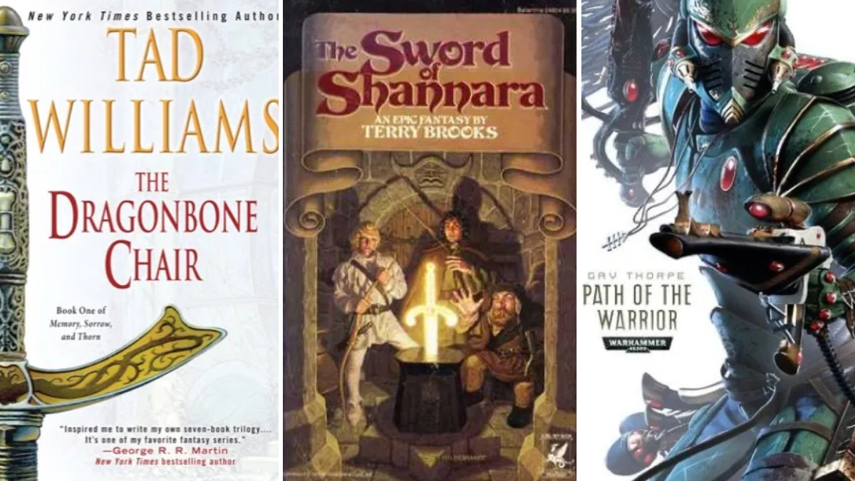 From left to right, covers for 'The Dragonbone Chair', The Sword of Shannara, and