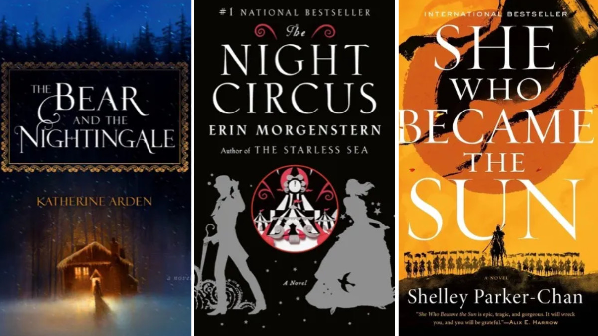 From left to right covers for The Bear and the Nightingale, The Night Circus, and She Who Became the Sun