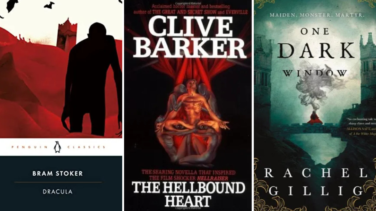 Best gothic fantasy novels, from left to right: Dracula, The Hellbound Heart, and One Dark Window