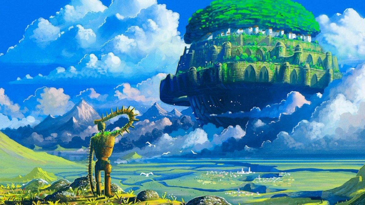 A robot looks out at a floating castle in the sky