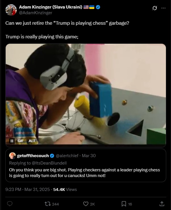 Former Representative Adam Kinzinger mocks Trump on chess play