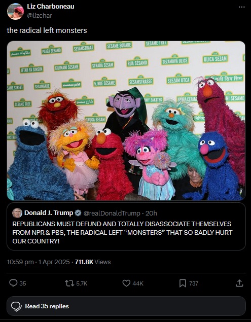 X post by Liz Charboneau in response to Donald Trump, which reads: "the radical left monsters" and includes a picture of the Sesame Street cast