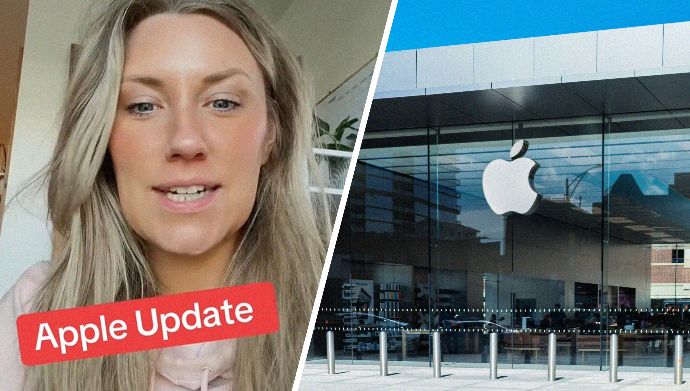 Woman shares her iphone browser was hacked(l) Apple Store logo on building (r)