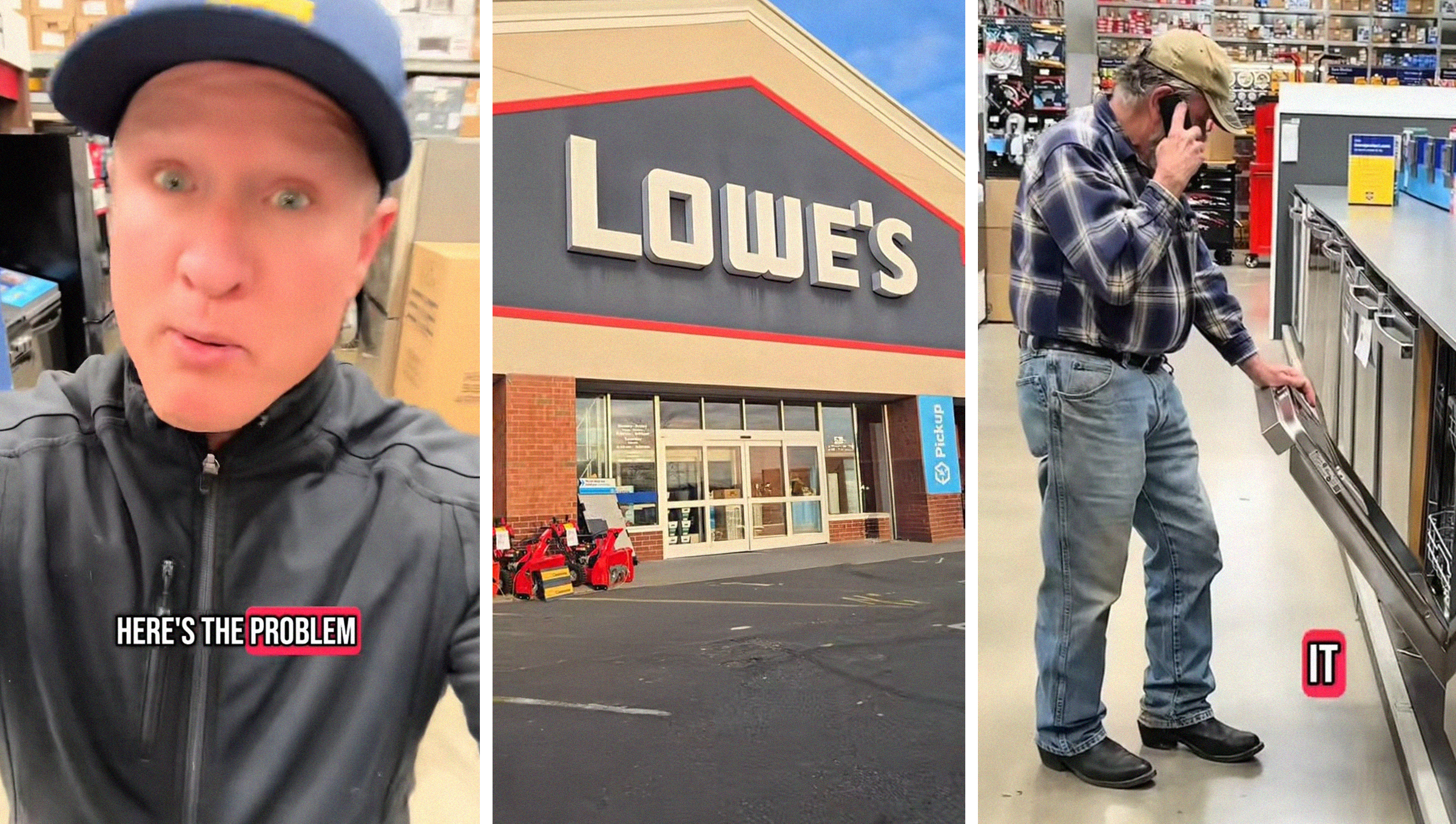 Man shares his opinion on Samsung DishWasher(l) Lowe's Store Front(c) Man looking to purchase a dishwasher at Lowe's(r)
