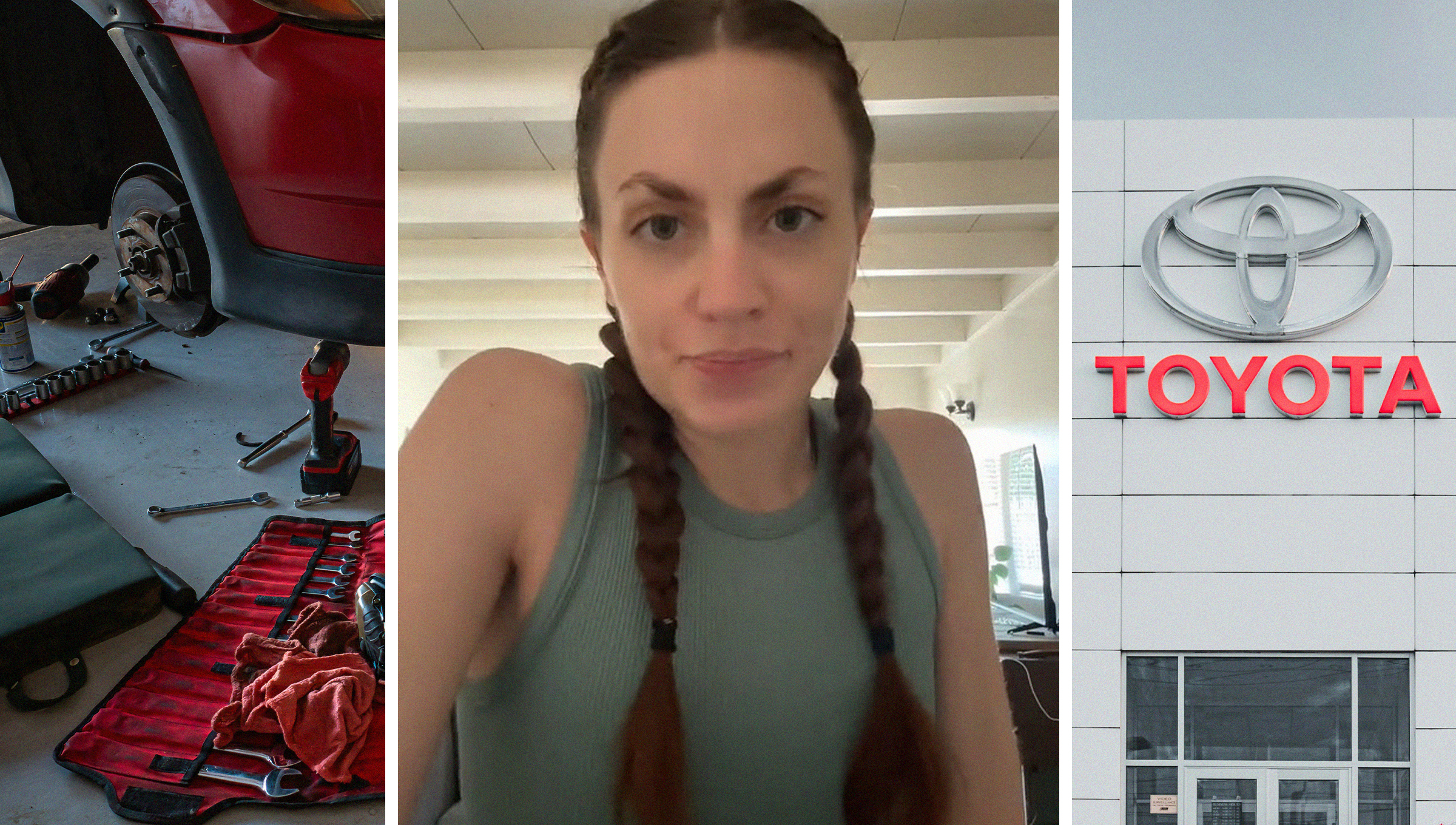 Red Vehicle with tire removed being repaired(l) Woman shares the cost of repairing her vehicle(c) Toyota Dealer Sign(r)