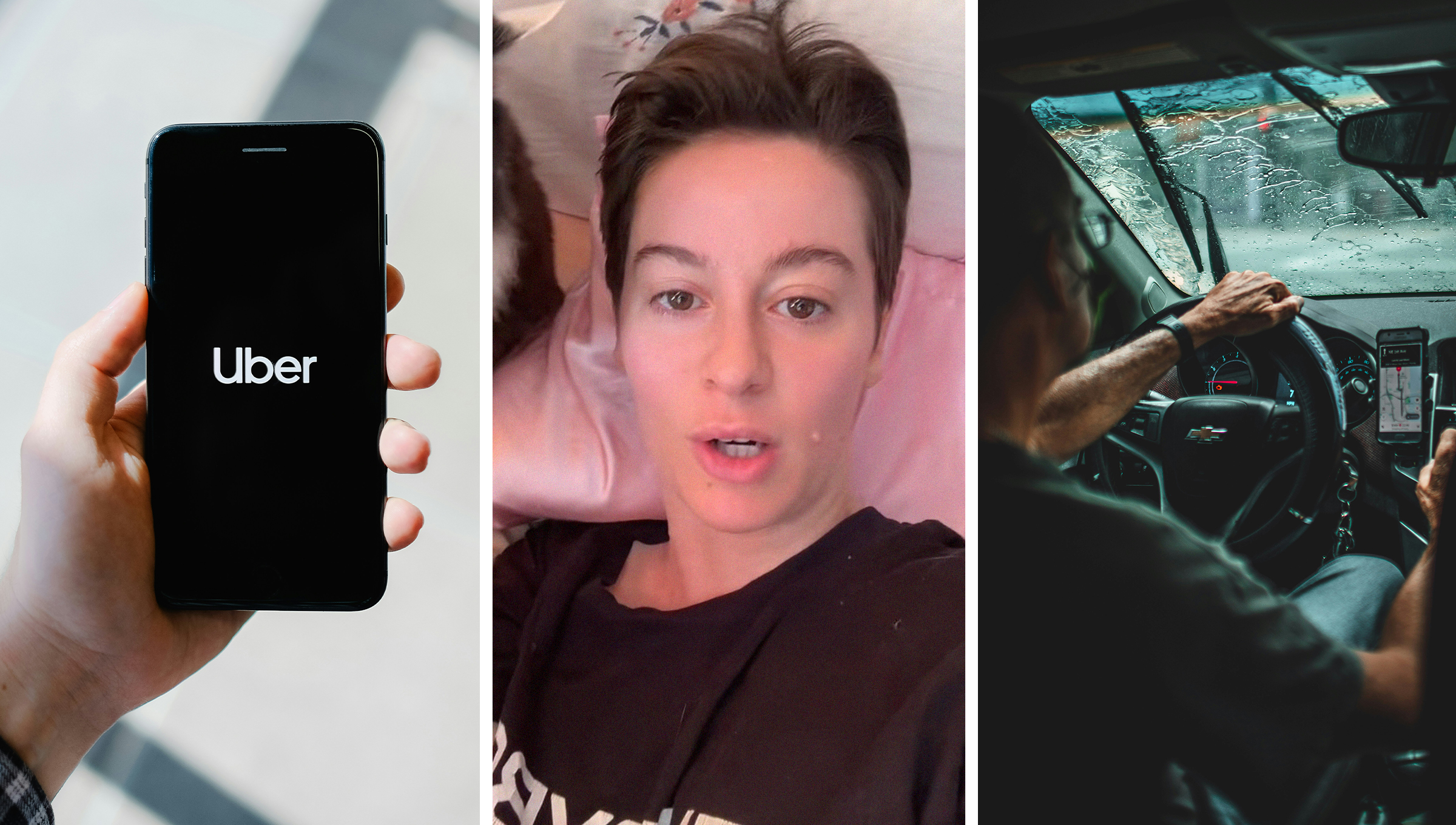 Man holding iphone with Uber app on display(l) Woman thanks others for advising her not to drink uber water(c) Man driving car for Uber(r)