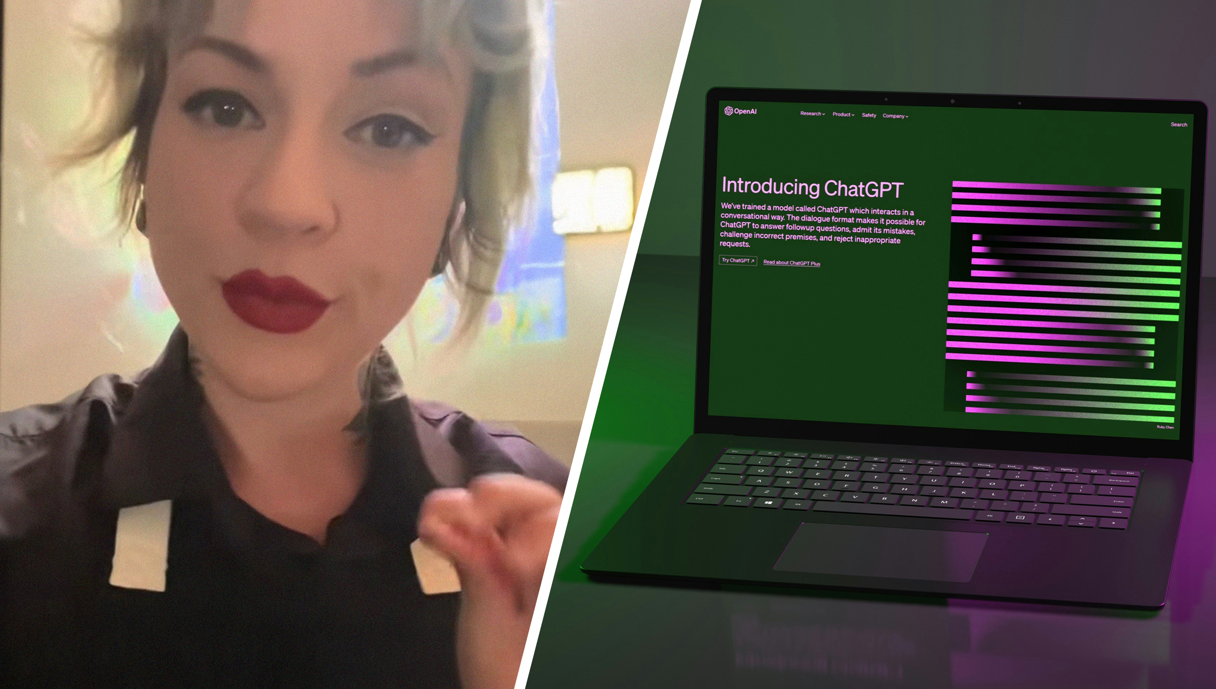 Waitress shares she uses ChatGPT to gain tips(l) Chat Gpt website opened on Laptop Display(r)